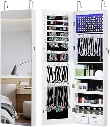 GISSAR Full Length Mirror Jewelry Cabinet, 6 LEDs Jewelry Armoire Wall Mounted Over The Door Hanging, Jewelry Organizer Storage with Lights Lockable, Bright White, 14.6" x 47.2" by GISSAR