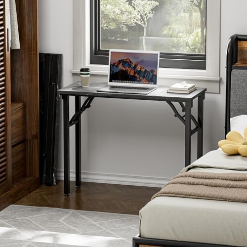 TEMI Small Computer Desk Folding Table - 35.8" Foldable Office Desk, No Assembly, Perfect for Small Spaces in Bedroom, or Apartment, Portable Mini Desk or Study Table Compact Design, Marble Greige - Image 2