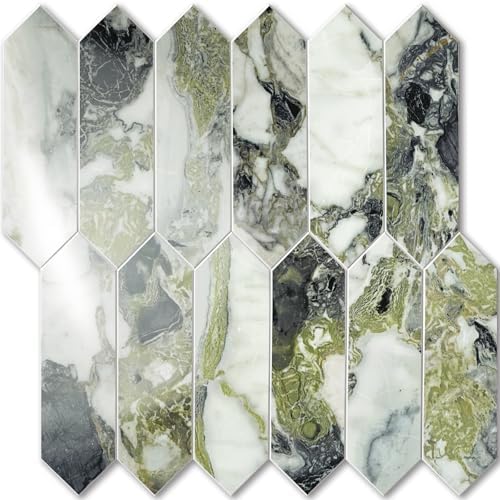 Vamos Tile Glossy Ice Green Backsplash Tile Peel and Stick, 12.8 x 12.8 Inch 10 Sheets Long Hexagon PVC Self Adhesive Mosaic Wall Tiles Stick on Backsplash for Kitchen Bathroom and Fireplace by VamosTile