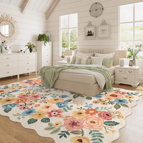 DUKINO 6x9 Area Rugs, Floral Washable Living Room Rug Non Slip Beige Yellow - Image 3