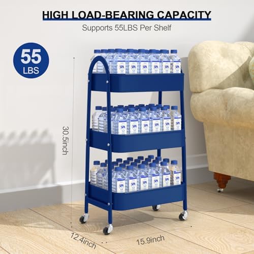 EAGMAK 3 Tier Utility Rolling Cart, Metal Storage Cart with Handle and Lockable Wheels, Multifunctional Storage Organizer Trolley with Mesh Baskets for Kitchen, Living Room, Office, Garage (Indigo) - Image 6