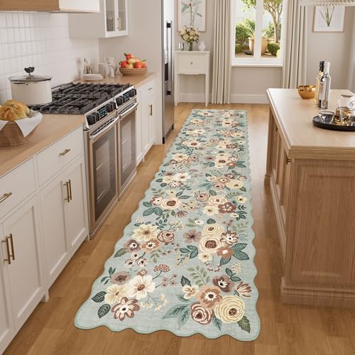 DUKINO 2x8 Washable Runner Rug, Floral Non Slip Kitchen Rugs, Sage Green - Image 3