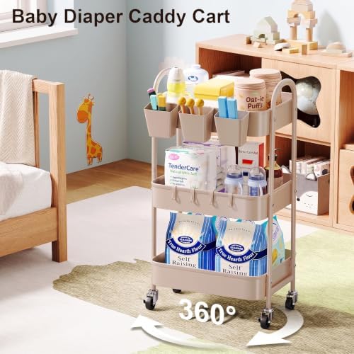 3 Tier Khaki Metal Utility Rolling Cart, Storage Cart with Lockable Wheels - Image 2
