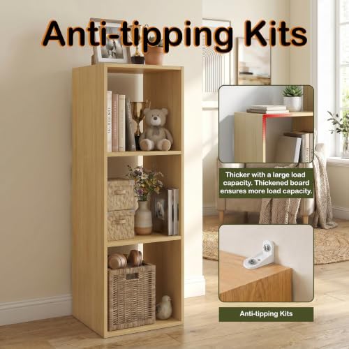 WannabeMyself【Sturdy Build&Easy Assembly】3 Cube Storage Organizer with Anti-Tipping Kits,Reversible Open Back Book Shelf, Bookcase for Living Room,Bedroom,Entrance Hall,Office,12.2×11.4×35.9,Oak Color - Image 5