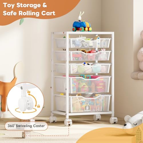 Hongtamoya Rolling Storage Cart with 5 Drawers, Metal Utility Cart with Lockable Wheels, Craft Storage Art Cart, Rolling Drawer Cart for Living Room, Bedroom, Bathroom, Office, Home, White - Image 5