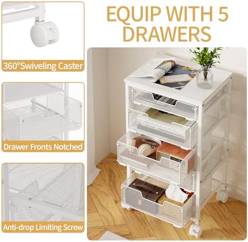 Sbanmao 5 Drawers Rolling Utility Cart, Storage Drawer Cart with Wooden Top, Rolling Storage Cart on Lockable Wheels, Metal Utility Cart & Craft Storage Cart for Bedroom, Classroom, Office, White - Image 3