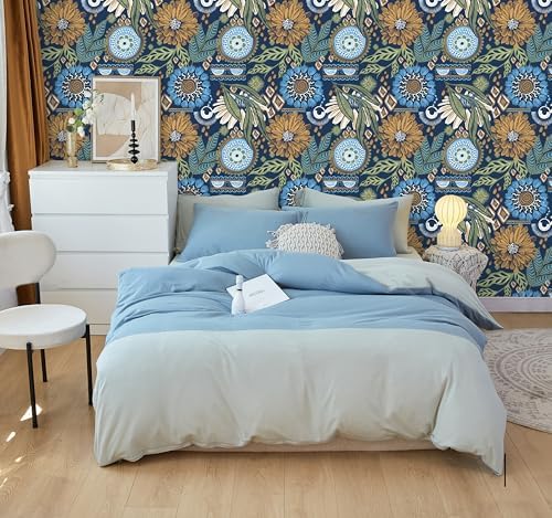 HAOKHOME Navy Floral Peel and Stick Wallpaper Retro Bathroom 17.7inx 32.8ft | Extra Long Renter Friendly Removable Waterproof Textured Wall Paper Vinatage Mustard Yellow Flowers Bedroom Accent Wall Decor - Image 5