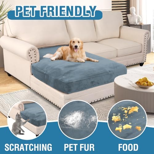 H.VERSAILTEX Velvet Stretch Individual Chaise Cover Sectional Couch Covers for L Shaped Sofa Both Left/Right Furniture Protector Seat Cushion Sofa Cover (1 Piece Chaise Cover, Stone Blue) - Image 3