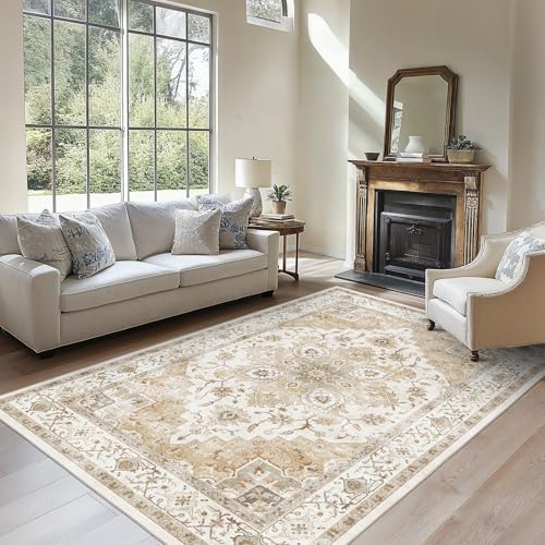 AMADA HOMEFURNISHING 6x9 Area Rugs, Beige Washable Rug Low-Profile with Non-Slip Backing & Durable Edge Binding, Vintage Rugs for Living Room, Bedroom, Dinning Room by AMADAHOMEFURNISHING
