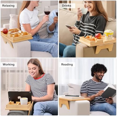 Bestjing 2 in 1 Bamboo Couch Cup Holder Tray with Double Holder Tray - Image 6
