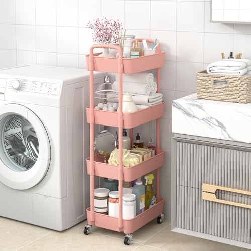 Sywhitta 4-Tier Plastic Rolling Utility Cart with Wheels for Storage, Pink - Image 4