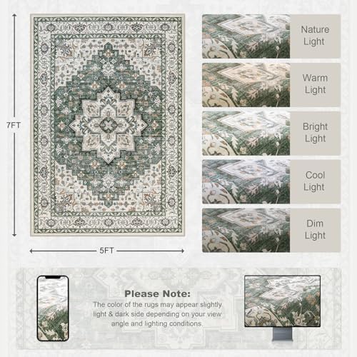 5x7 Area Rugs Living Room: Washable Rug for Bedroom Green Ivory - Image 2