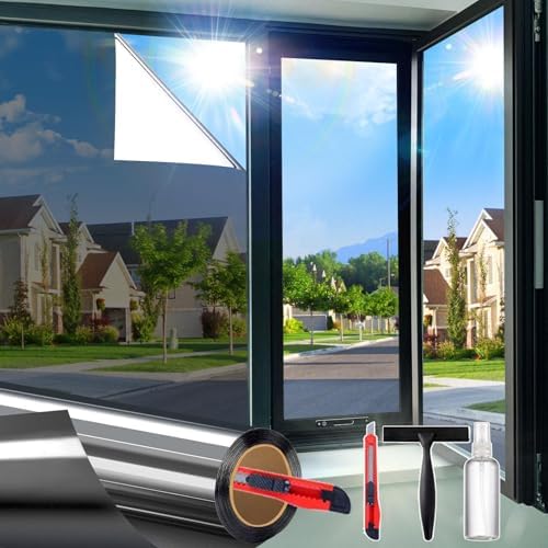 One Way Window Privacy Film See Out Not in, Window Tint for Home, Reflective Mirror Glass Windows Coverings Sun Heat UV Blocking, Black-Silver, 23.6 Inch x 78.74 Inch by Dwersty