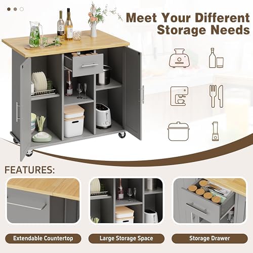 Shintenchi Kitchen Island with Storage, Bar Cart Cabinet Island Table on Wheels, Rolling Microwave Cart for Kitchen with Drop Leaf, Drawers, Towel Rack, Seating Area for Dining Room, Gray - Image 5