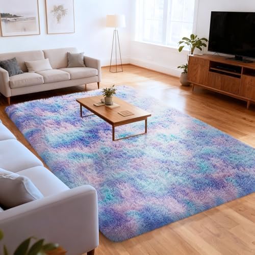 Ophanie Rainbow Purple Mermaid Rugs for Living Room 6x9,Kids Fluffy Shag Fuzzy Plush Soft Carpets,Floor Shaggy Area Rugs for Bedroom,Carpet for Kids Girls Dorm Decor with Over 99 pcs Pile fibers - Image 3