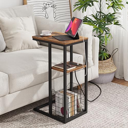 Vagusicc C Shaped End Table with Charging Station, Side Table for Couch, Small Side End Table for Small Spaces, 28" High Slide Under Sofa Table for Coffee, Tv Tray Table for Living Room, Rustic Brown - Image 2