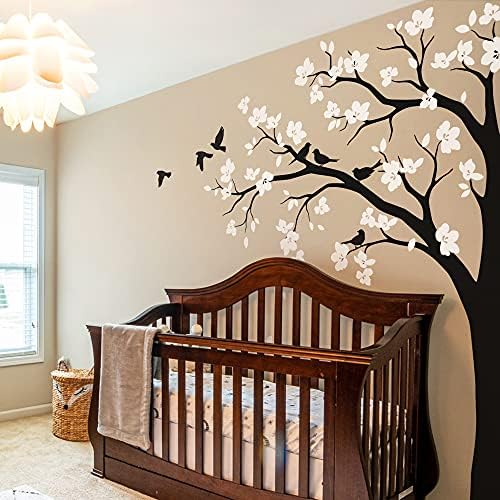 Large Corner Tree Wall Decal with Big Blossoms, Birds and Leaves Nursery Wall Art Sticker Mural 087 (Leaning Left, Black, White) by StudioQueeWallDecals