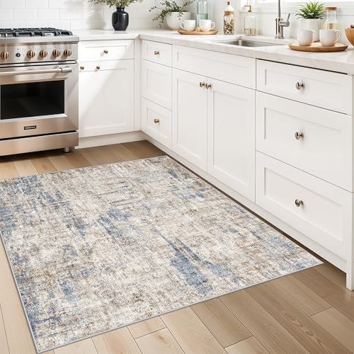 3x3 Square Entryway Rug Washable – Non-Slip Small Area Rug for Kitchen or Bathroom, Soft Low-Pile Indoor Mat, Modern Abstract Thin Door Carpet (Blue Brown) - Image 3