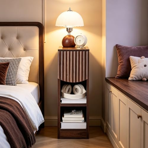 CHOEZON Narrow Fluted Nightstand, Slim Nightstand with Drawer and Open Shelves, 7.9" Skinny Side Table, Bedside Table for Small Spaces, Floating End Table for Bedroom, Living Room, Walnut MBZ18HT - Image 4