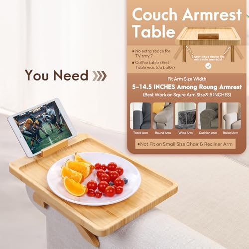 SINWANT Couch Arm Tray Table, Large Space 15.75"x 11.8" Bamboo Couch Armrest Table with 360° Rotating Phone Holder,Foldable Sofa Armrest Tray for Eating Snacks Drinks Remote Books - Image 3