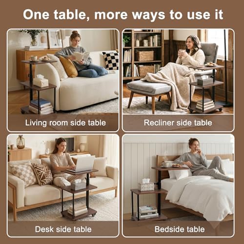 Modern Farmhouse Rolling Side Table with Wheel for Living Room, Adjustable Height Swivel End Table for Different Seating Types, Ideal for Couch, Sofa, Recliner and Living Room, Walnut-Look - Image 6