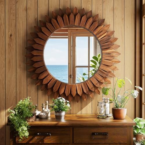 24" Walnut Round Sunburst Wooden Mirror Boho Rustic Wall Decor - Image 2