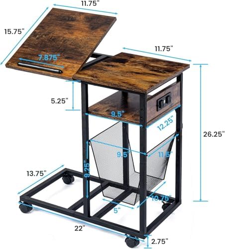 FLYJOE End Table C Shape with Charge Station, Tilting Top Side Table with Magazine Holder and Lockable Wheels, Easy Assembly for Living Room, Bedroom, Industrial Style, Rustic Brown - Image 2