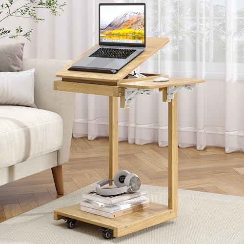 OtterOasis C Shaped End Table for Couch Rolling Side with Wheels Oak by OtterOasis