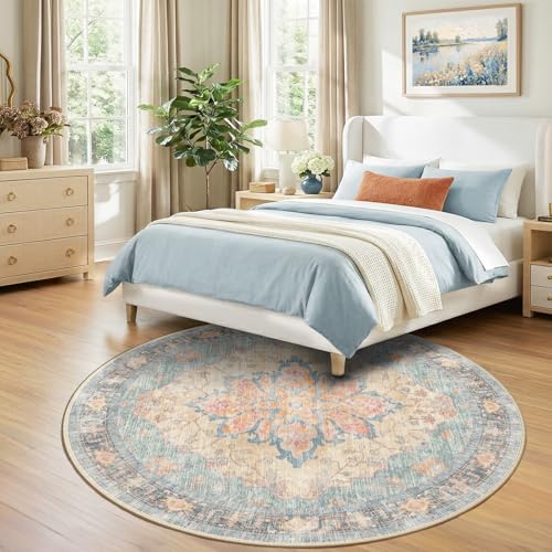 RELEANY Washable Area Rug, Round 7ft, Blue/Orange/Red - Image 2