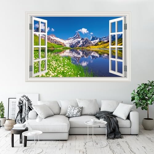 Fake Window Wall Sticker - Mountain Lake Landscape Home Art Decor Mural | Faux Window Spring Blue Sky Cloud Natural Scenery Mural｜ Stick and Peel Wall Decals｜Room Bedroom Office Scene Decor｜24"x16" - Image 5
