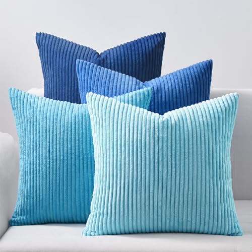 Topfinel Euro Shams Decorative Throw Pillow Covers 26x26 Inch Set of 4,Soft Accent Corduroy Striped Blue Gradient Color Large Cushion Cover for Beach,Patio,Balcony,Living Room,Summer Home Decor by Topfinel