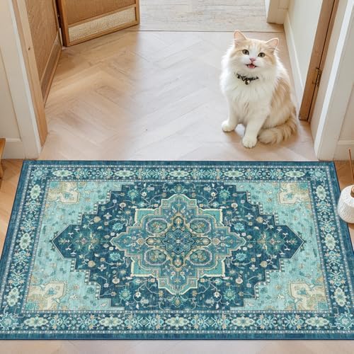 AMADA HOMEFURNISHING 2x3 Washable Entry Rug, Vintage Distress Print Pattern Carpet Small Rugs for Entryway Kitchen Bathroom Door Mat Indoor Entrance, Teal Blue by AMADAHOMEFURNISHING