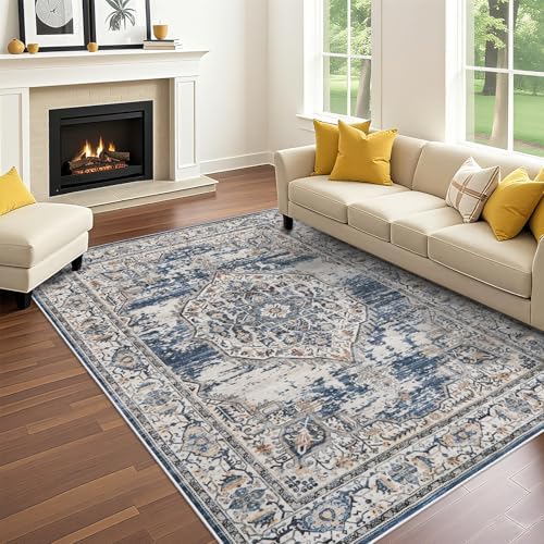 Washable Living Room Area Rug: 7x9 Bedroom Rugs - Farmhouse Distressed Printed Floral Carpet - Foldable Non-Shedding Floor Carpet for Dining Room 7'x9' Blue by YOUFORTONG