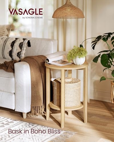 VASAGLE Round Side End Table, 2-Tier Boho Bedside Table with Rattan-Look - Image 2