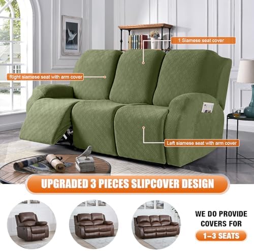 VANSOFY Stretch Recliner Couch Cover, Slipcover, Army Green, 3 Seater - Image 6