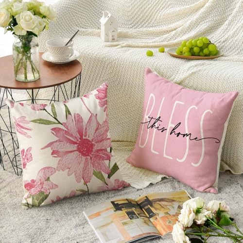 AVOIN colorlife Home Sweet Home Spring Summer Flowers Pink Throw Pillow Covers, 16 x 16 Inch Cushion Case for Sofa Couch Set of 4 - Image 4
