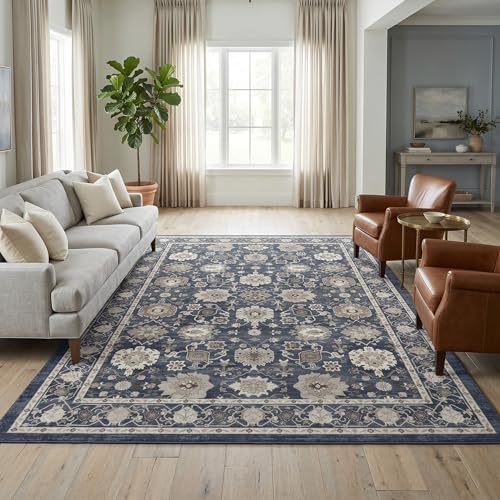 AMADA HOMEFURNISHING 9x12 Area Rug for Living Room, Vintage Washable Area Rug Low-Pile & Non-Slip Carpet for Bedroom Dining Room Nursery Home Office, Navy Blue/Brown - Image 3
