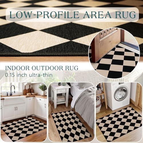 Indoor Outdoor Front Door Mat - 2x3 Black Tan Checkered Diamond Rug - Image 5