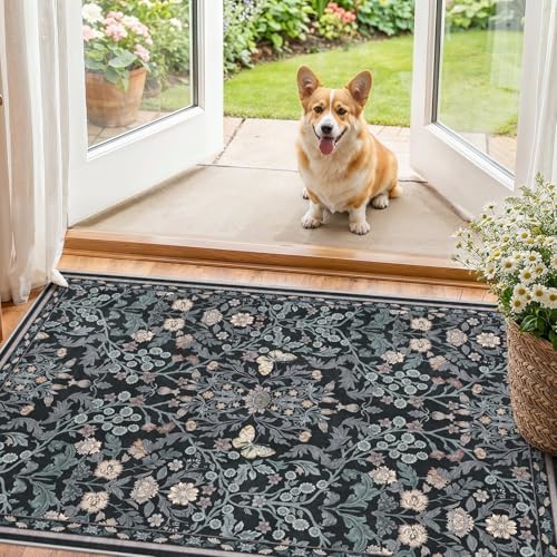 Puino 3x4 Washable Area Rug - Non Slip Vintage Throw Rugs Floral Dark Blue by Puino