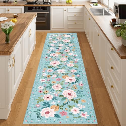 DUKINO 2x10 Runner Rug, Floral Washable Kitchen Runner Rug Non Slip, Teal by DUKINO