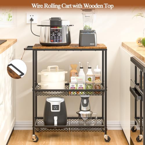 3 Tier Rolling Utility Kitchen Cart on Wheels, Heavy Duty Wire Rolling Cart with Wooden Top, Commercial Metal Serving Cart with Handle, Kitchen Island Food Storage Trolley for Laundry, Office, Garage - Image 5