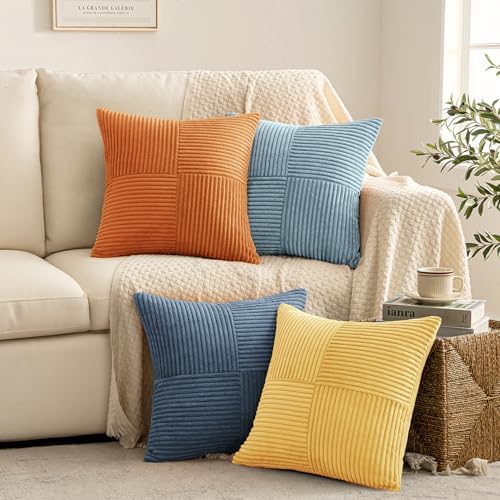 MIULEE Summer Yellow Blue Decorative Throw Pillow Covers 18x18 Inch Set of 4 Soft Corduroy Boho Patchwork Pillow Covers Modern Farmhouse Bright Home Decor for Sofa Living Room Couch Bed - Image 3