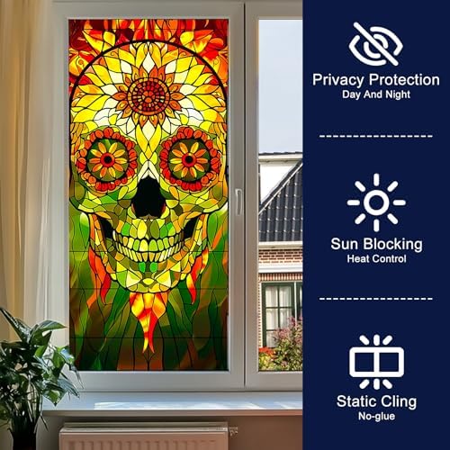 HOMETITUTE Halloween Sunflower Skull Privacy Window Cling 17.7x39.3 PVC - Image 2