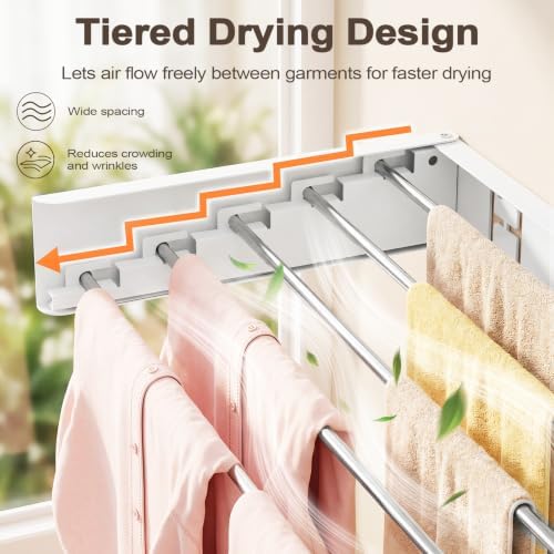 Wall Mounted Clothes Drying Rack Folding Indoor, Foldable Laundry Drying Rack Collapsible,Invisible, Space Saving, Retractable Towel Drying Rack, with Wall Template(5 Drying Rods, White 32") - Image 3