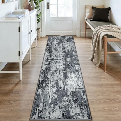 RELEANY Washable Runner 2'x9' Abstract Area Rug for Hallway Black White - Image 2