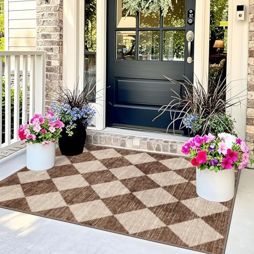 Brown Beige Checkered Entry Rug - 3x5 Non-Slip Indoor Outdoor Rugs - Image 4