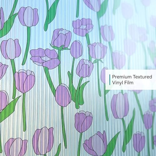 Pink Tulip Stained Glass Flower Window Film Privacy No Glue Cover 35x78.7in - Image 2
