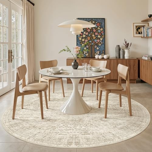 Soalmost Round Rugs 8ft Living Room Circle Area Rug 8x8 Beige Vintage - Image 3