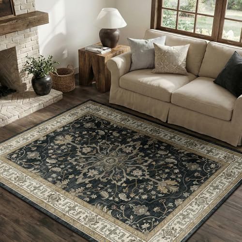 RELEANY Washable Area Rug, 4'x6', Black/Vintage/Beige - Image 2
