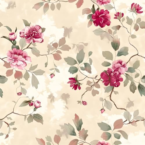 CRE8TIVE Non‑Woven Beige Floral Peel and Stick Wallpaper Vintage 12"x354" | Magenta Pink Peony Floral Wallpaper for Bedroom Living Room, Adhesive Floral Contact Paper for Walls Countertops Waterproof by CRE8TIVE